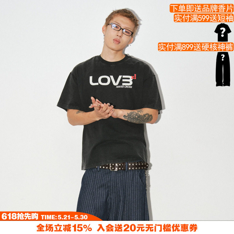 NOVACAM 新款美式复古vintage字母LOGO印花水洗黑宽松短袖T恤