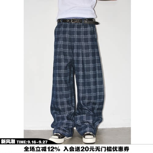 NOVACAM复古格子阔腿牛仔裤