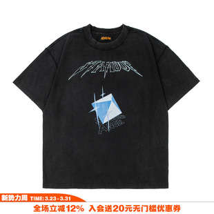 NOVACAM 复古vintage水洗做旧破坏磨边钻石粒子国潮t恤 潮牌美式