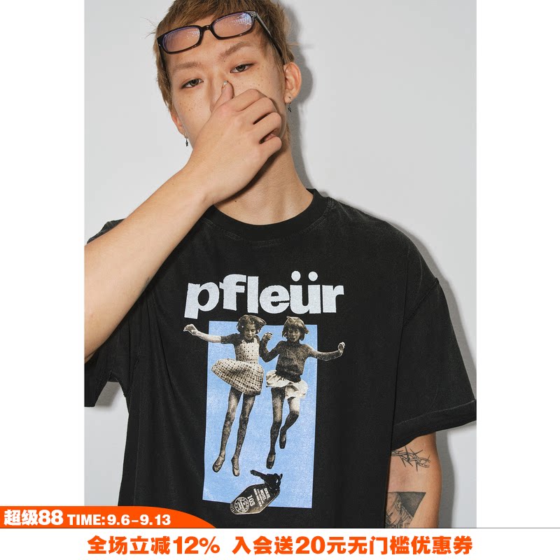 NOVACAM复古蓝色双胞胎印花T恤图片