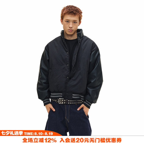 NOVACAM 复古美式短款cleanfit版型vibe皮袖加厚棉服棒球夹克外套