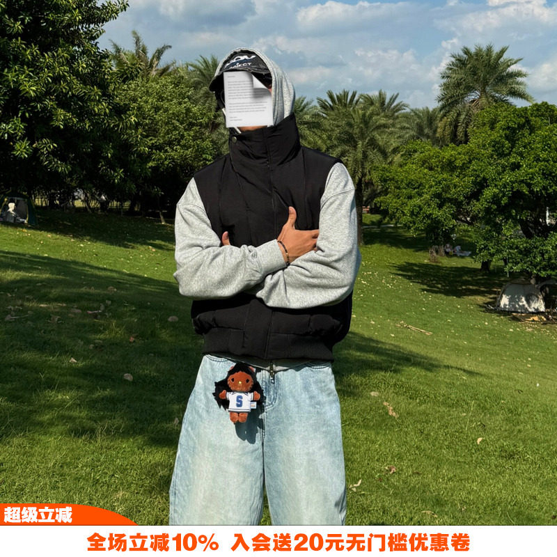 NOVACAM 休闲美式廓形立领弯刀领扣设计感重磅质感马甲男保暖背心