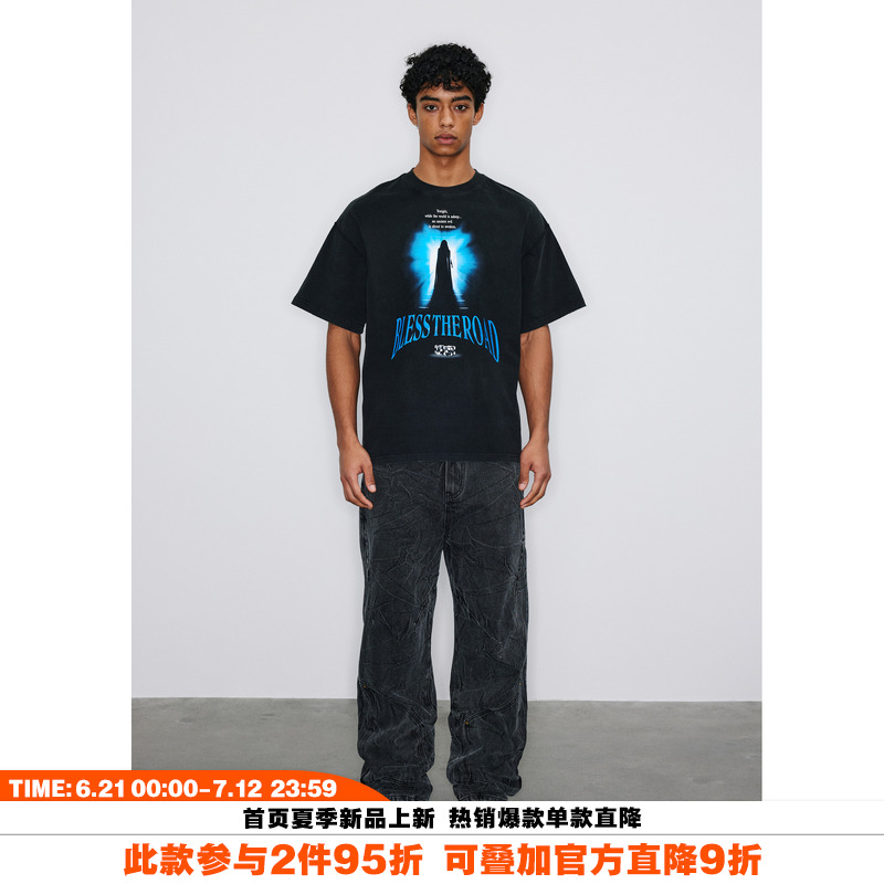 NOVACAM美式复古印花高街反缝线VINTAGE磨边男国潮宽松短袖T恤
