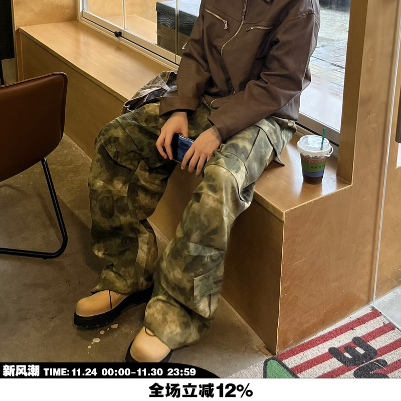 NOVACAM 美式复古休闲晕染迷彩baggy宽松多口袋直筒工装炮弹裤 - 封面