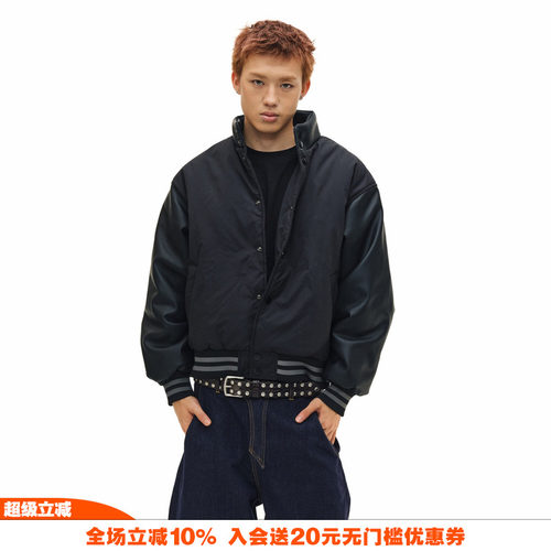 NOVACAM 复古美式短款cleanfit版型vibe皮袖加厚棉服棒球夹克外套