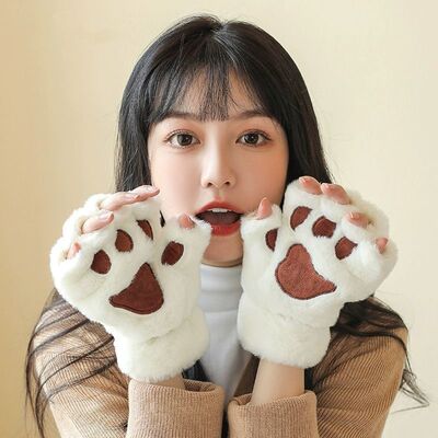 可爱熊掌毛绒半指手套冬季加厚保暖防寒学生猫爪露指骑行男女通用