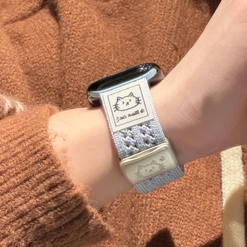 卡通小猫适用S11表带苹果iwatch10手表透气针织磁吸扣789腕带女SE