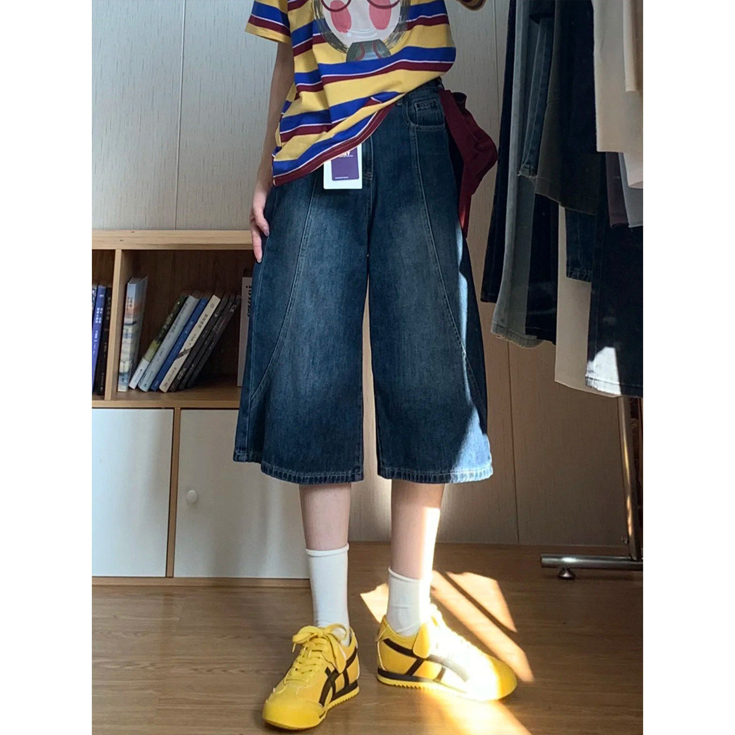 复古蓝七分牛仔裤2026新款女夏小个子阔腿中裤大码胖mm巨好看裤子