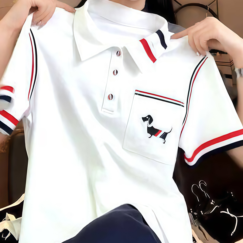 纯棉Polo领白色小狗印花条纹短袖T恤女2026夏季新款洋派休闲上衣