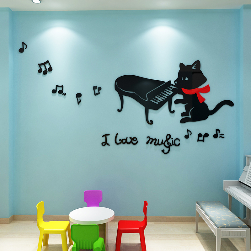 小猫弹钢琴立体亚克力3d墙贴幼儿园音符贴画乐器培训班墙面装饰图片