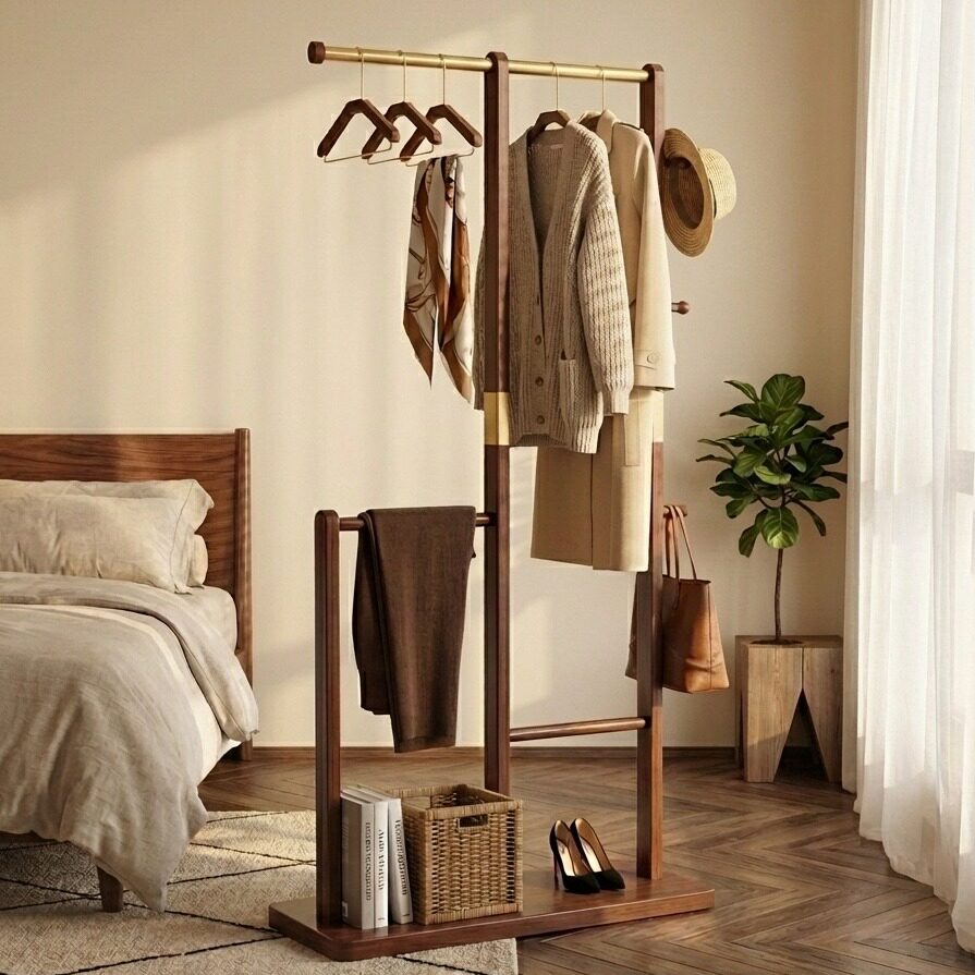 中古卧室放脱下的衣服神器侘寂风房间原木衣架杆不占地毛巾陈列架