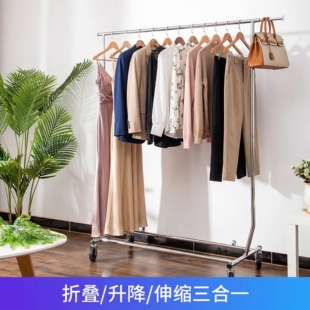 落地双杆高低展示架伸缩阳台晾衣架带轮家用移动折叠晾衣杆晒被子