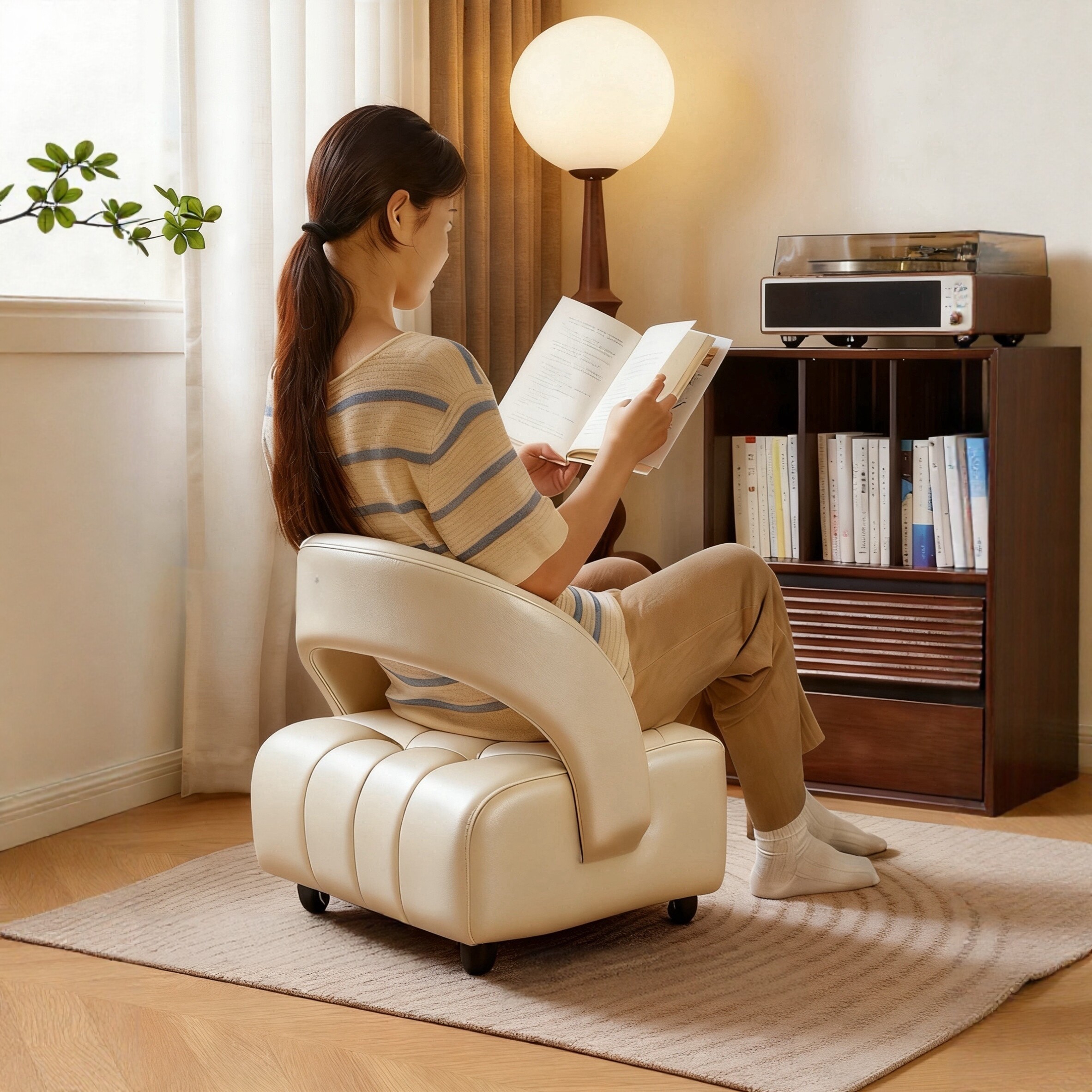 中古实木新款万向轮客厅沙发溜溜凳家用滑轮凳阳台休闲靠背小椅子