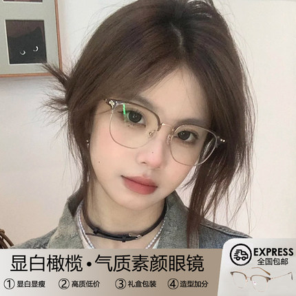 纯钛超轻半框眼镜女近视可配度数素颜冷茶色眼镜框架方圆脸显脸小