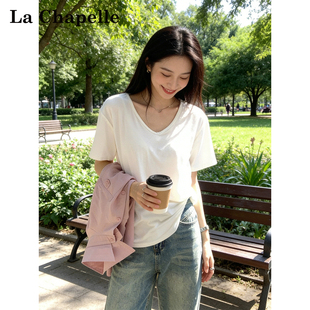 拉夏贝尔白色v领短袖正肩t恤女夏松弛感宽松韩版慵懒高级感上衣