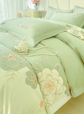 轻奢风180支纯棉四件套2025新款全棉刺绣单被套床单床笠床上用品4
