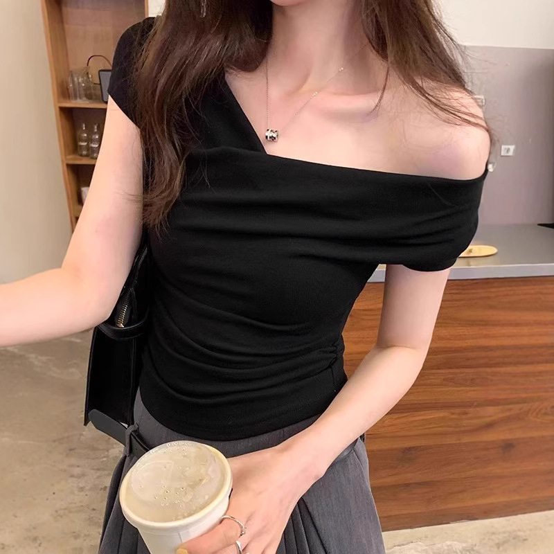 法式时尚设计感荡领一字肩T恤短袖女夏修身辣妹紧身露肩短款上衣