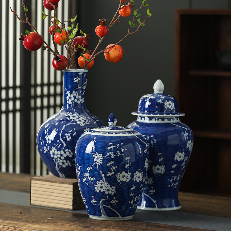 景德镇陶瓷将军罐冰手绘冰梅花陶瓷花瓶别墅陶瓷花瓶摆件仿古花瓶