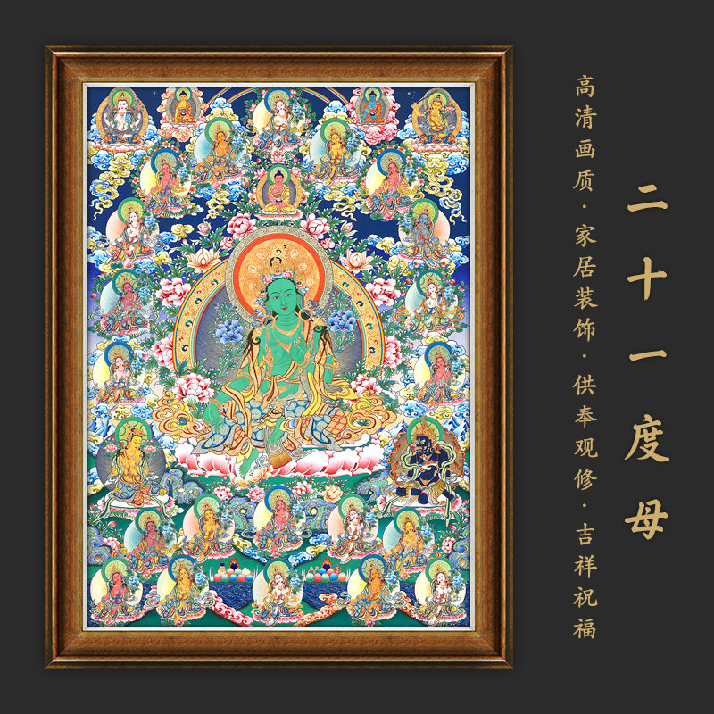 21二十一度母绿度母唐卡西藏热贡手绘复制客厅玄关壁画装饰挂画