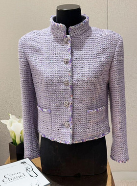 2026C小香风紫色亮片修身立领呢外套女