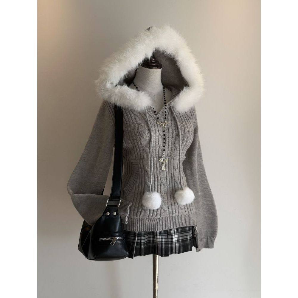 薄雾冬日 冬季新款日系古早奈奈风毛领连帽毛衣外套格纹半裙套装