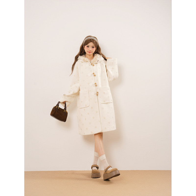 波点牛角扣连帽夹棉中长款毛呢外套冬季设计感气质宽松大口袋外套