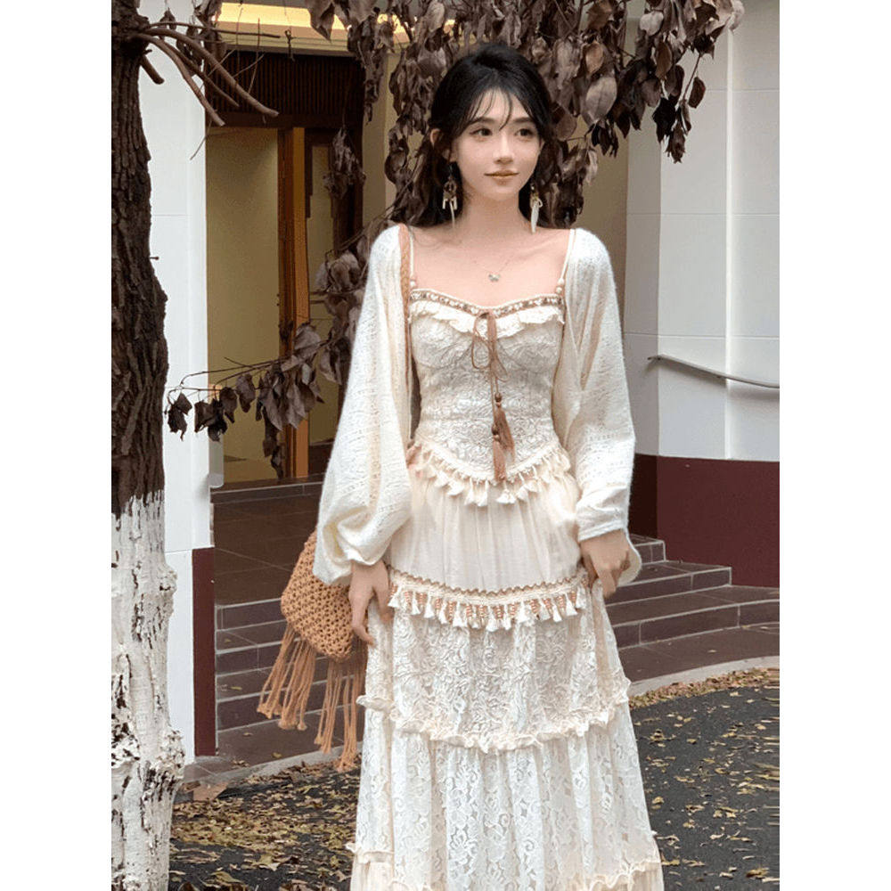 旅游穿搭 波西米亚度假风三件套秋季新款温柔重工上衣显瘦半身裙