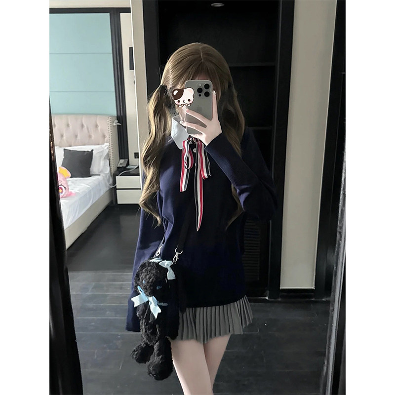 英伦学院风假两件拼接针织毛衣女秋冬2024新款小个子显瘦百褶短裙