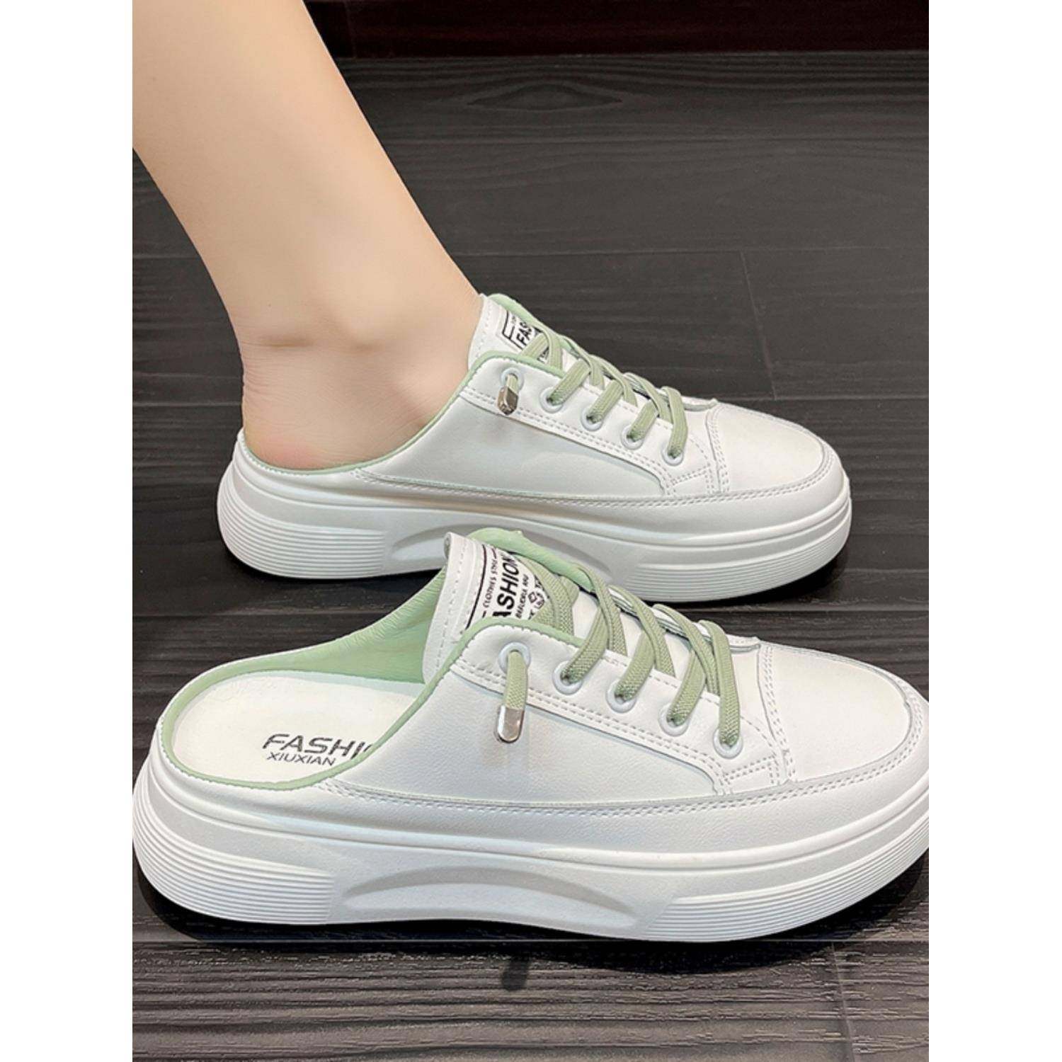 香港真皮白鞋2025夏季新款厚底包头懒人鞋女式轻量单脚半拖鞋