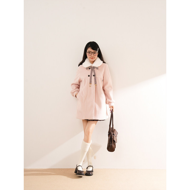 古早少女 冬季新款日系学院风vintage设计感娃娃领中长款毛呢外套