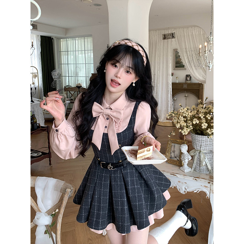 雾蓝花楹 蝴蝶结衬衫格纹百褶连衣裙秋冬新款假两件拼接短款裙子