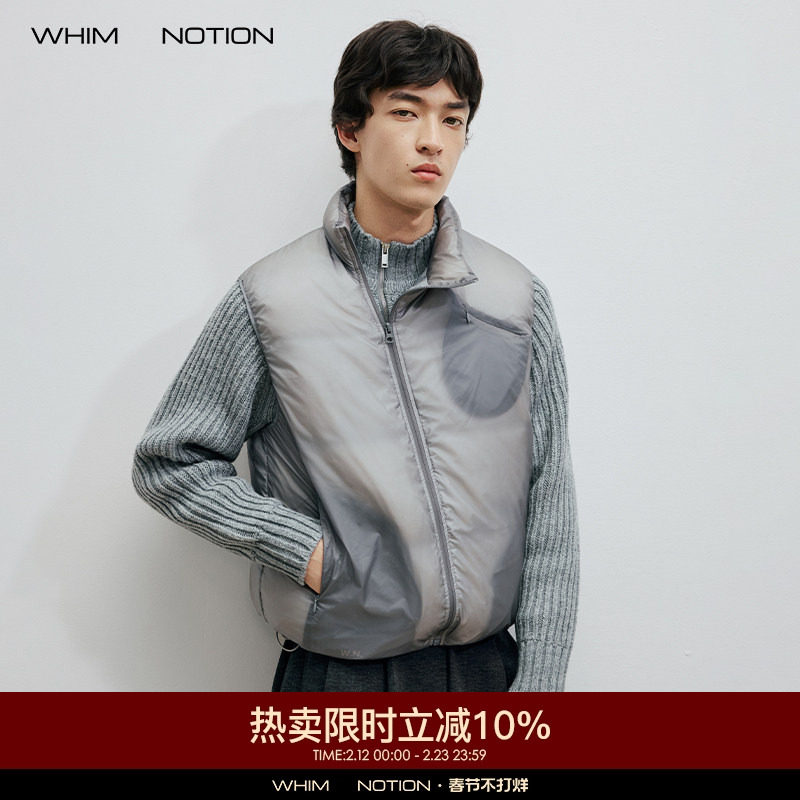 WHIMNOTION 25AW透视结构斜拉链防泼水羽绒马甲超轻量化90白鸭绒