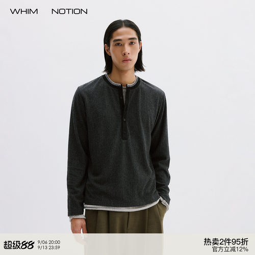 WHIMNOTION 26AW「绞花手缝线」拼接麂皮亨利领长袖T恤休闲上衣秋