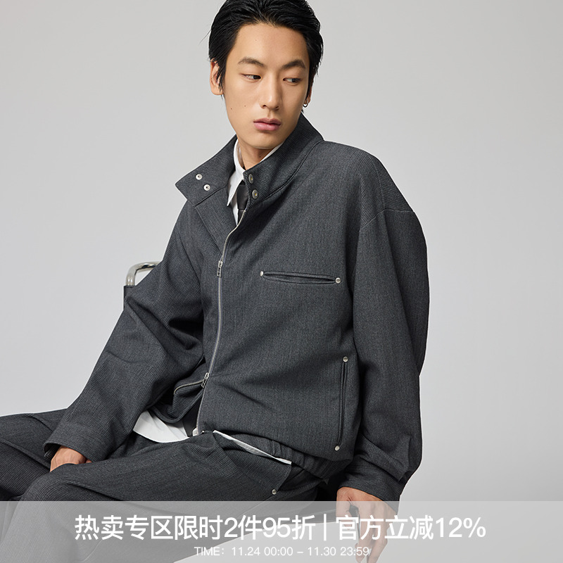 WHIMNOTION 25AW「天丝羊毛」撞钉斜拉链哈灵顿立领夹克休闲外套