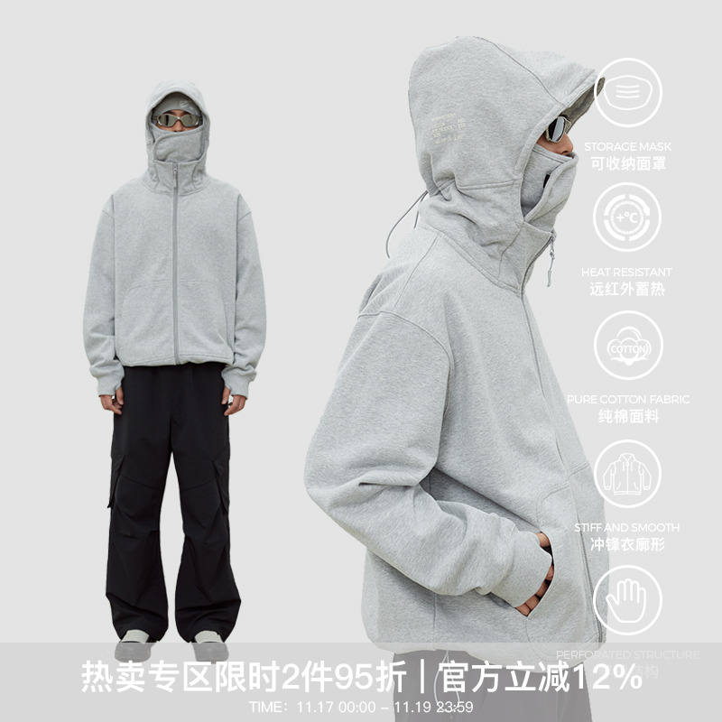 WHIMNOTION 24AW可收纳面罩连帽拉链卫衣500g重磅加绒开衫外套男