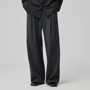 【达人专属】WHIMNOTION 立体分褶色织条纹西裤直筒阔腿休闲长裤