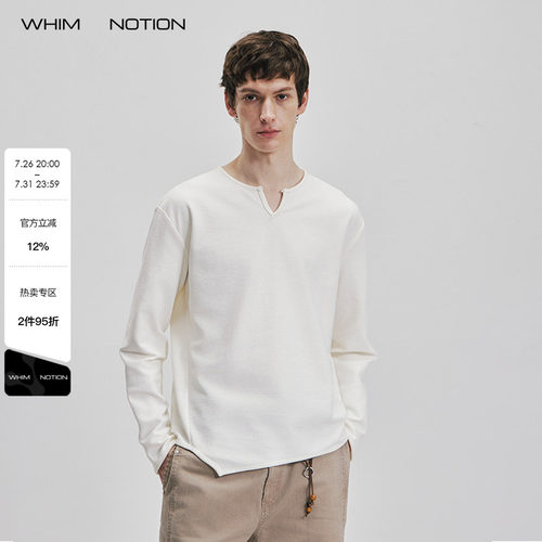 WHIMNOTION 26SS「不规则下摆」亨利领肌理感长袖T恤休闲亲肤透气