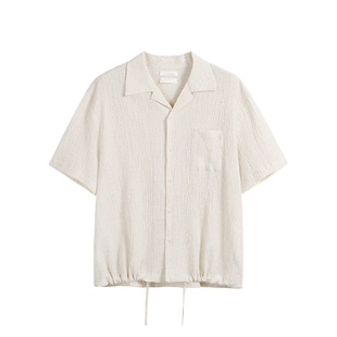WHIMNOTION 25SS褶皱亚麻下摆可调节抽绳老钱风古巴领短袖衬衫