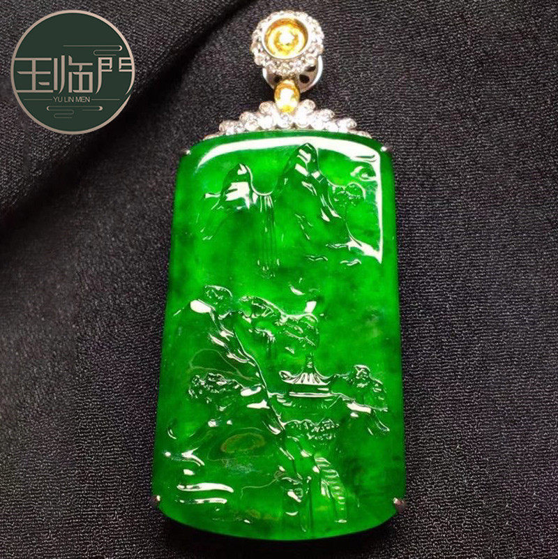 玉临门缅甸a货老坑翡翠牌子冰种满绿帝王绿山水牌翡翠吊坠女18k