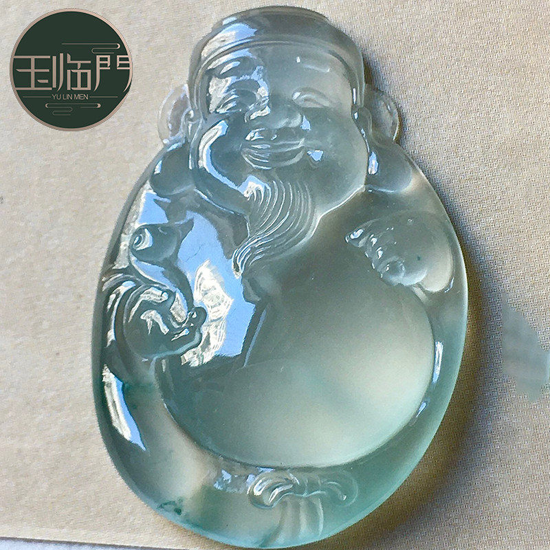 玉临门天然缅甸老坑a货翡翠玉石雕刻冰种飘花财神爷翡翠吊坠女士