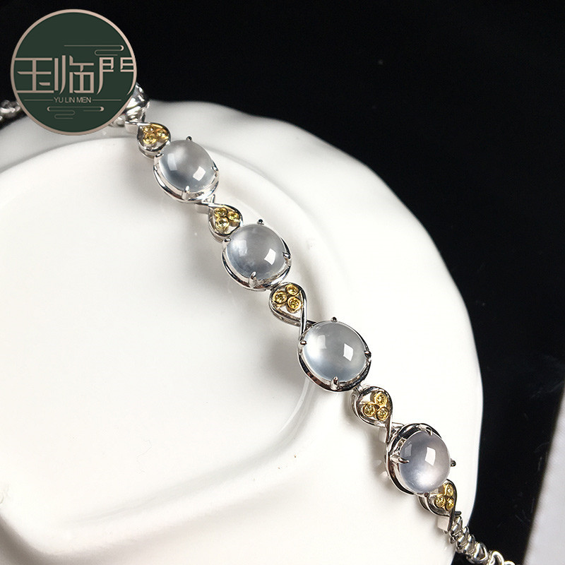 玉临门奢华大气冰种莹丽端庄底色蛋面翡翠玉手链女款 18k金镶嵌87