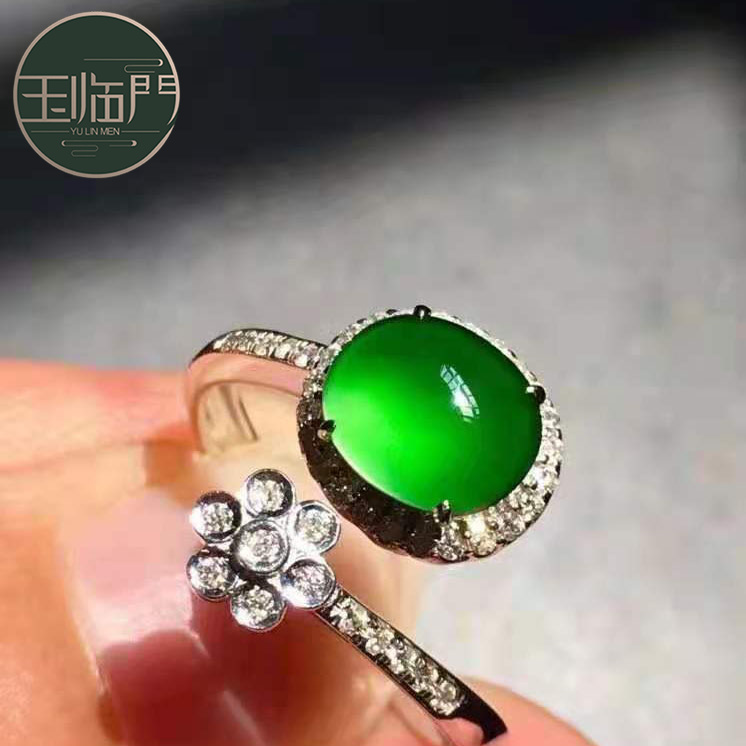 玉临门缅甸a货天然翡翠蛋面873 冰种帝王绿蛋面翡翠戒指18k