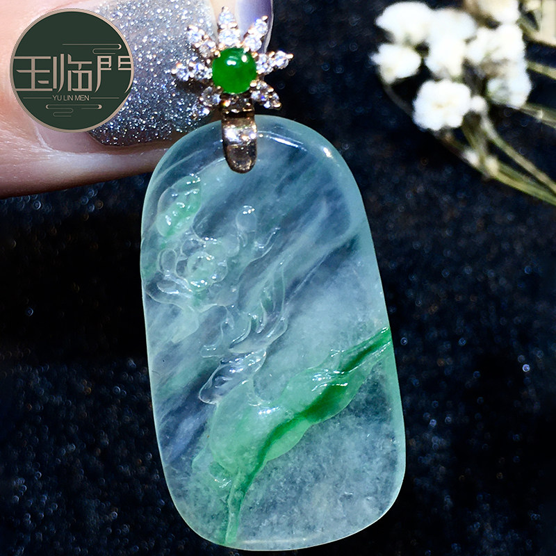 玉临门天然缅甸老坑a货翡翠玉石雕刻冰种飘花福气鹿牌翡翠吊坠女