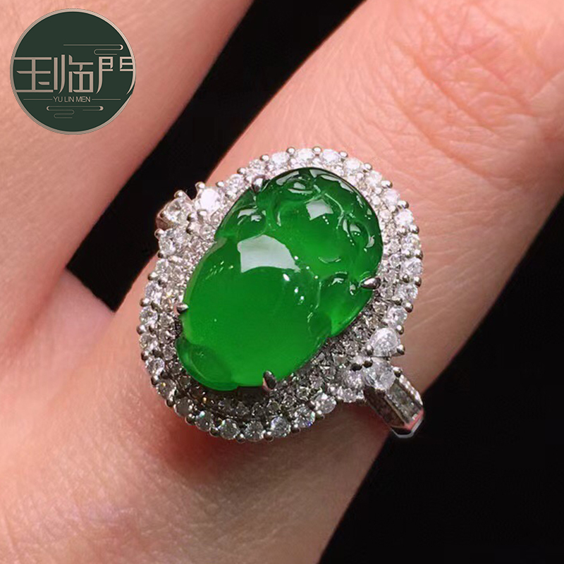 玉临门 缅甸老坑天然a货翡翠冰种阳绿三脚金蟾18k金镶嵌翡翠戒指