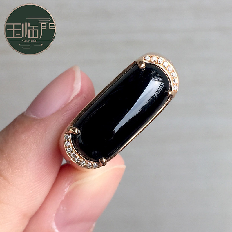 玉临门天然缅甸老坑a货冰种墨翠帝王绿底马鞍18k金镶嵌翡翠戒指女