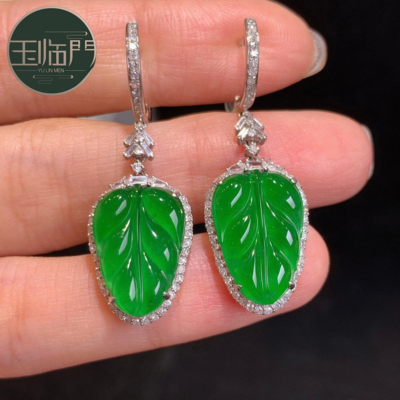 玉临门缅甸老坑天然a货翡翠冰种满色阳绿叶子18k金镶嵌翡翠耳坠女
