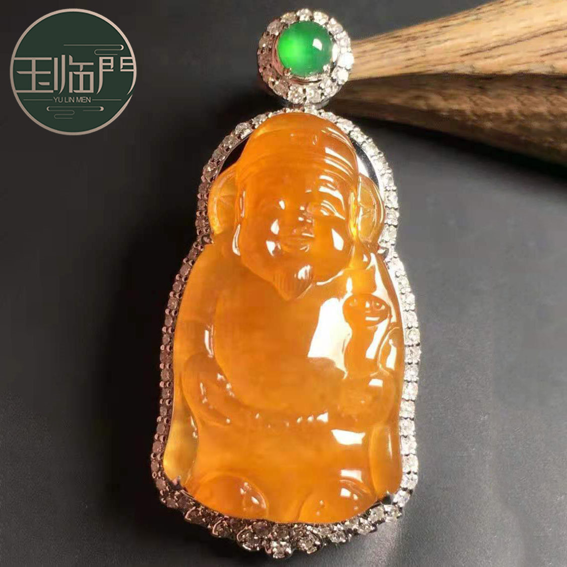 玉临门缅甸a货天然翡翠财神爷361711 冰种黄翡财神爷翡翠吊坠18k