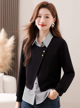 时尚休闲翻领假两件长袖2026年新款简约洋气春装翻领衬衣