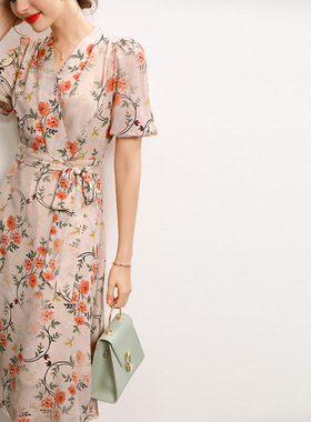 真丝连衣裙2026夏季新款法式v领系带气质收腰仙气印花桑蚕丝a字裙