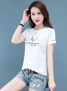 95棉短袖t恤女夏季新款大码时尚印花半袖宽松圆领黑色体恤女上衣